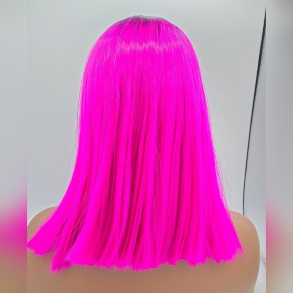 Hot Pink Fuchsia & Dark Root Blunt Straight Lace Front Wig - Picture 7 of 9